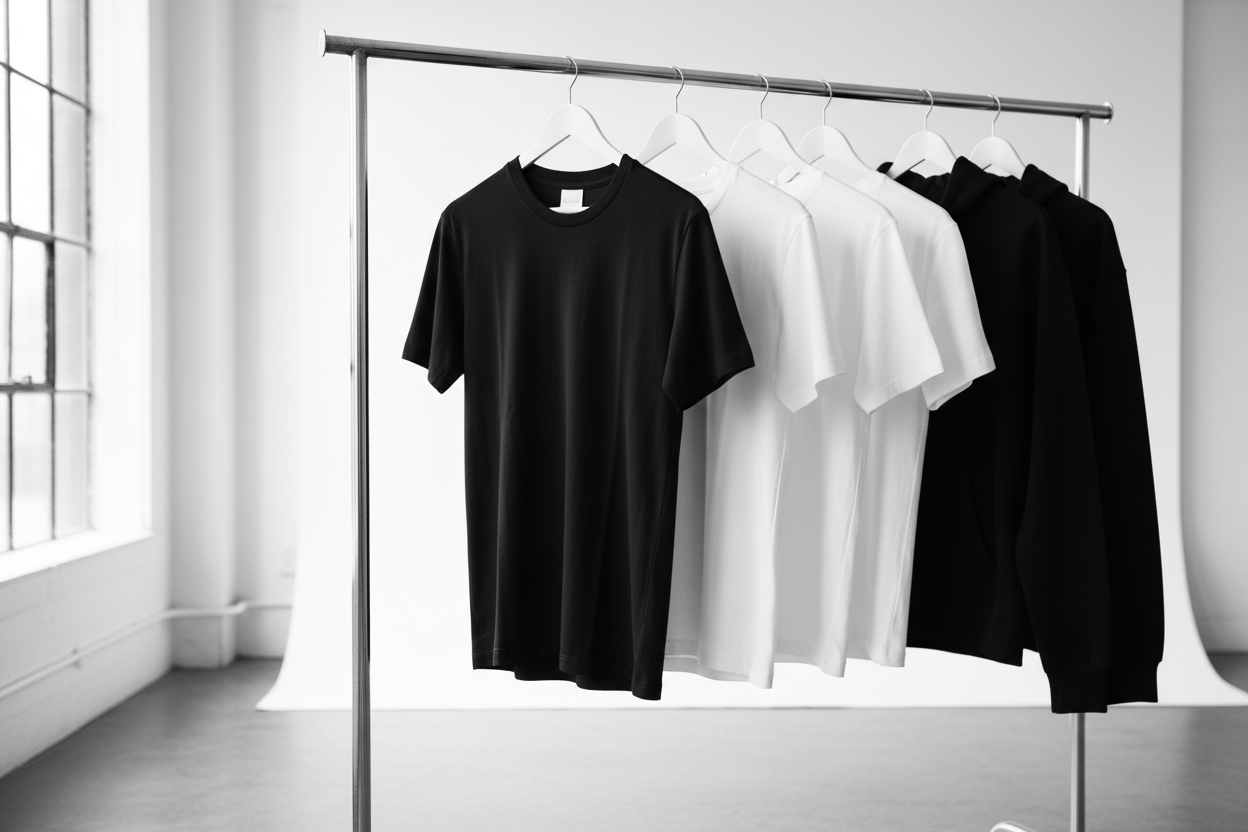 black and white photo of black and white t-sirts and hoodies on a rail