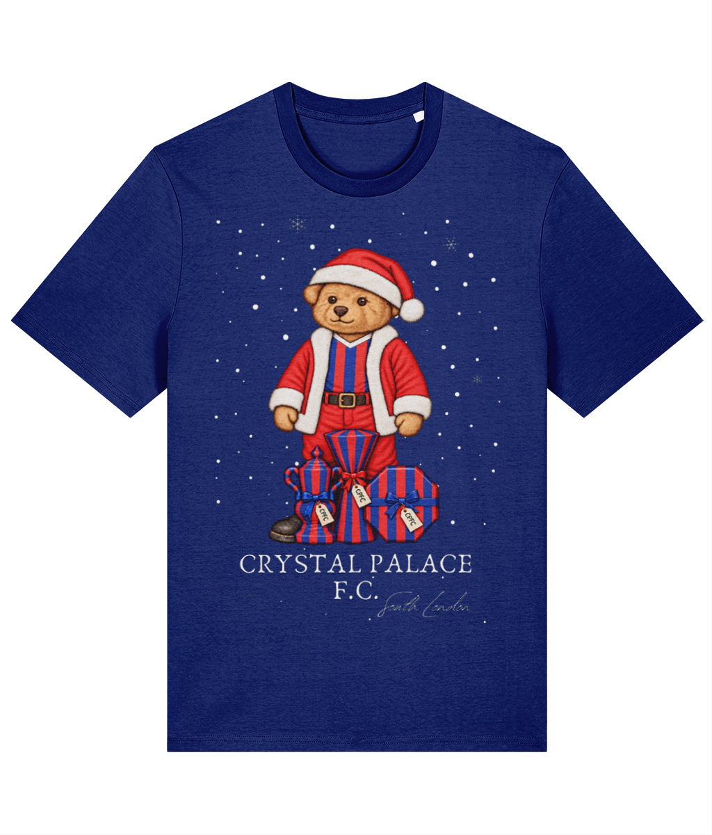 Selby the Bear at Christmas printed Crystal Palace cotton tee in Worker Blue, Legends in Thread