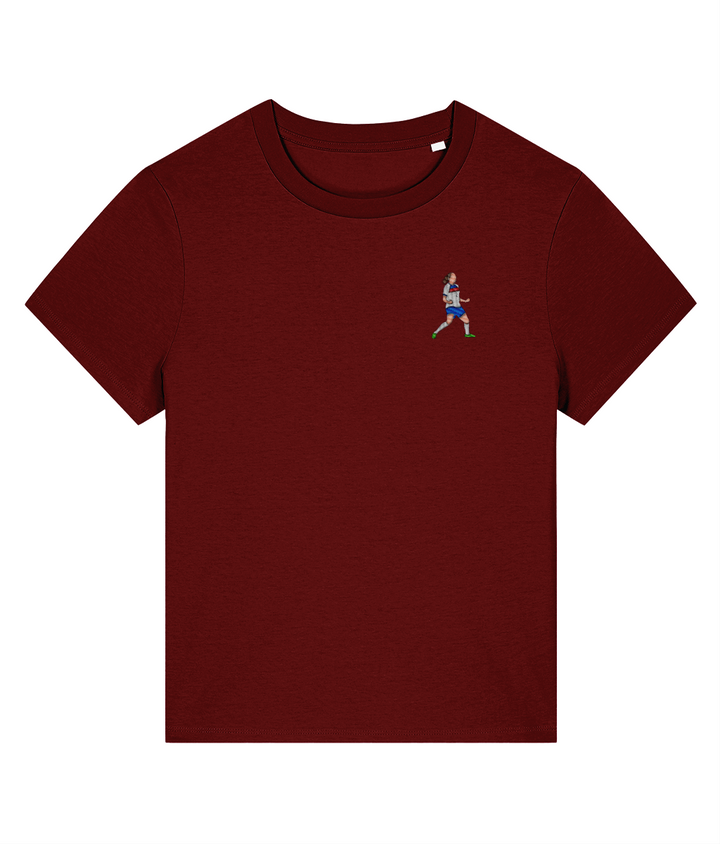Ladies Lucy Bronze Celebration embroidered England Lionesses ladies fit t-shirt in Burgundy, Legends in Thread