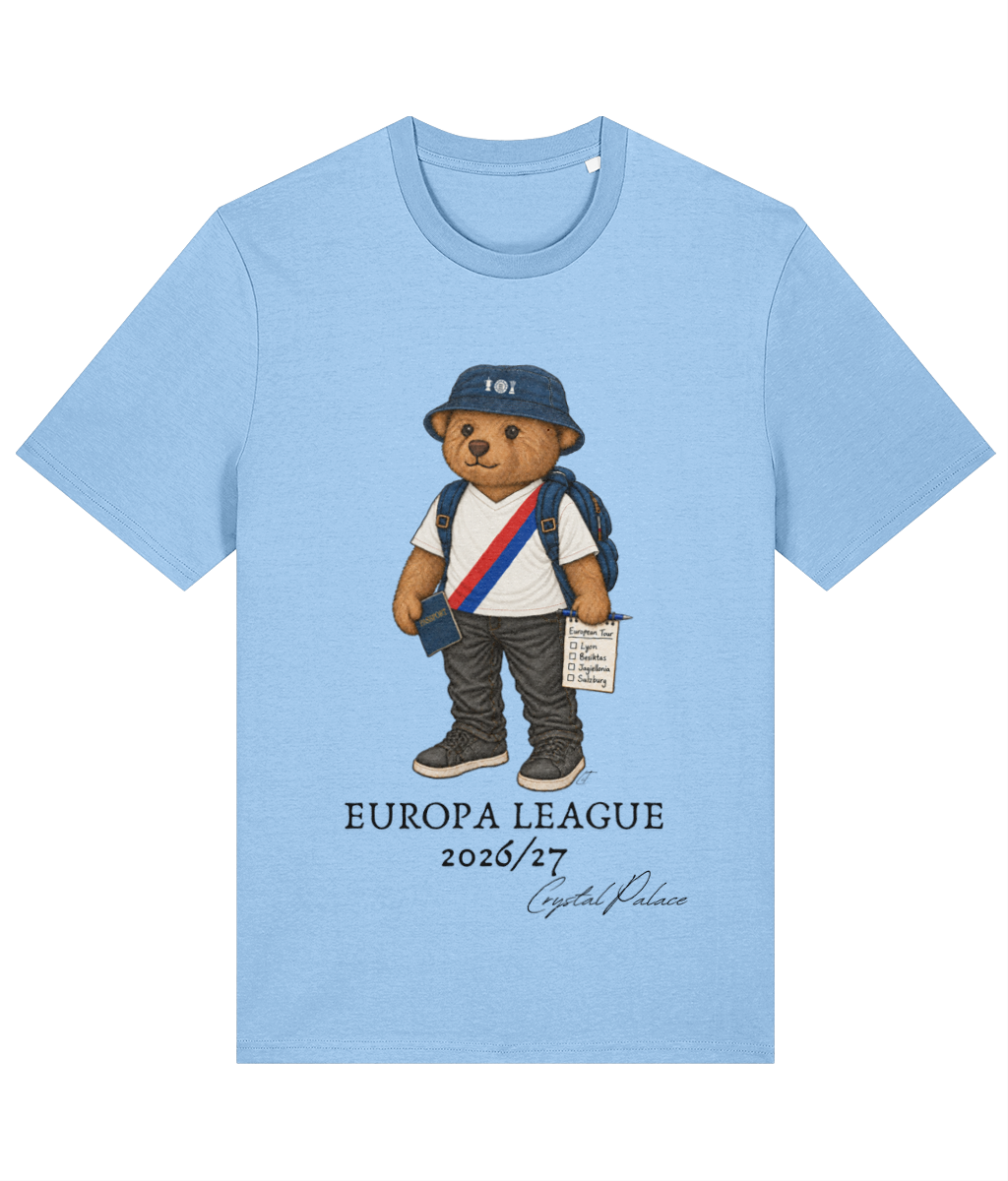 Selby the Bear Europa Tour printed Crystal Palace cotton tee in Blue Soul, Legends in Thread
