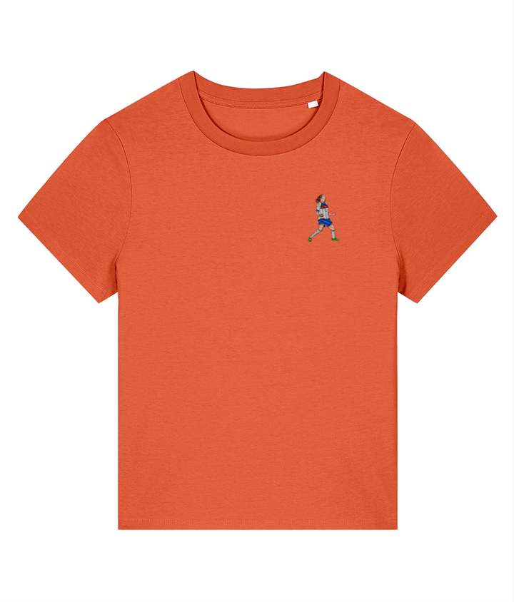 Ladies Lucy Bronze Celebration embroidered England Lionesses ladies fit t-shirt in Fiesta, Legends in Thread