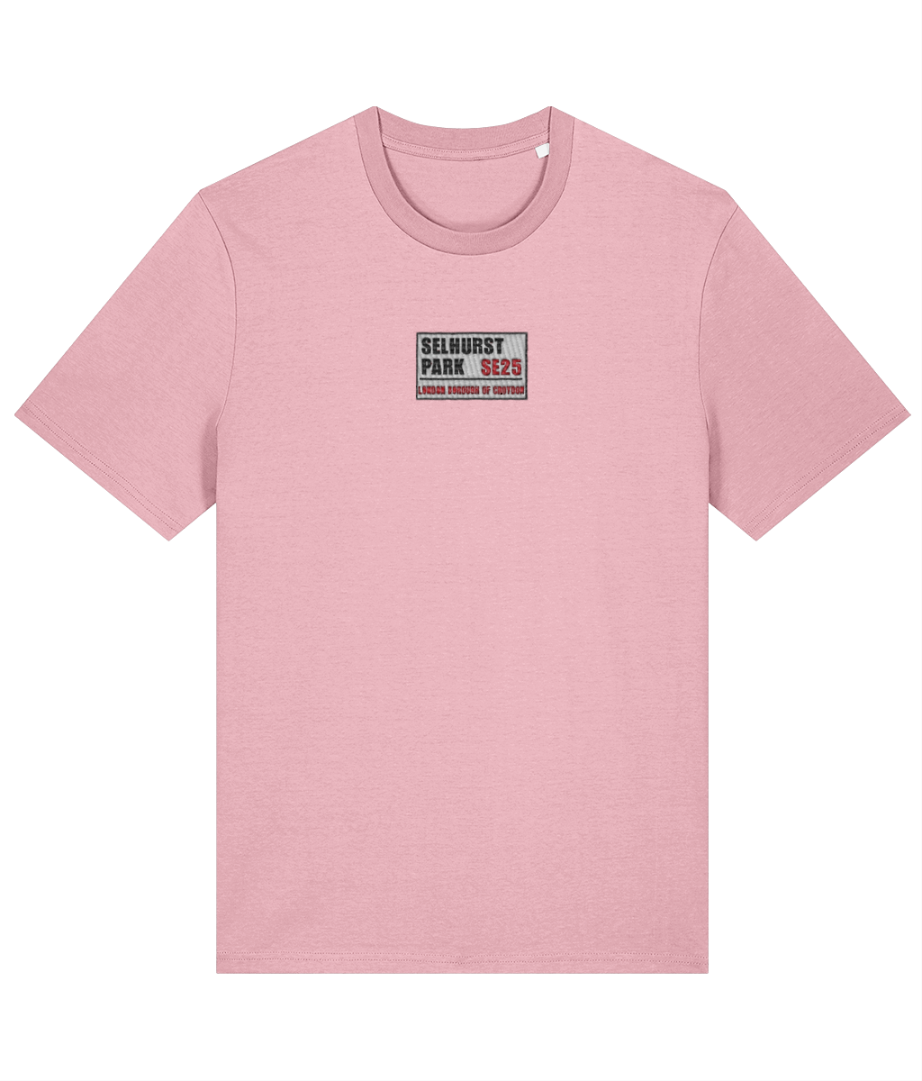 Selhurst Park SE25 Badge embroidered Crystal Palace cotton tee in Cotton Pink, Legends in Thread