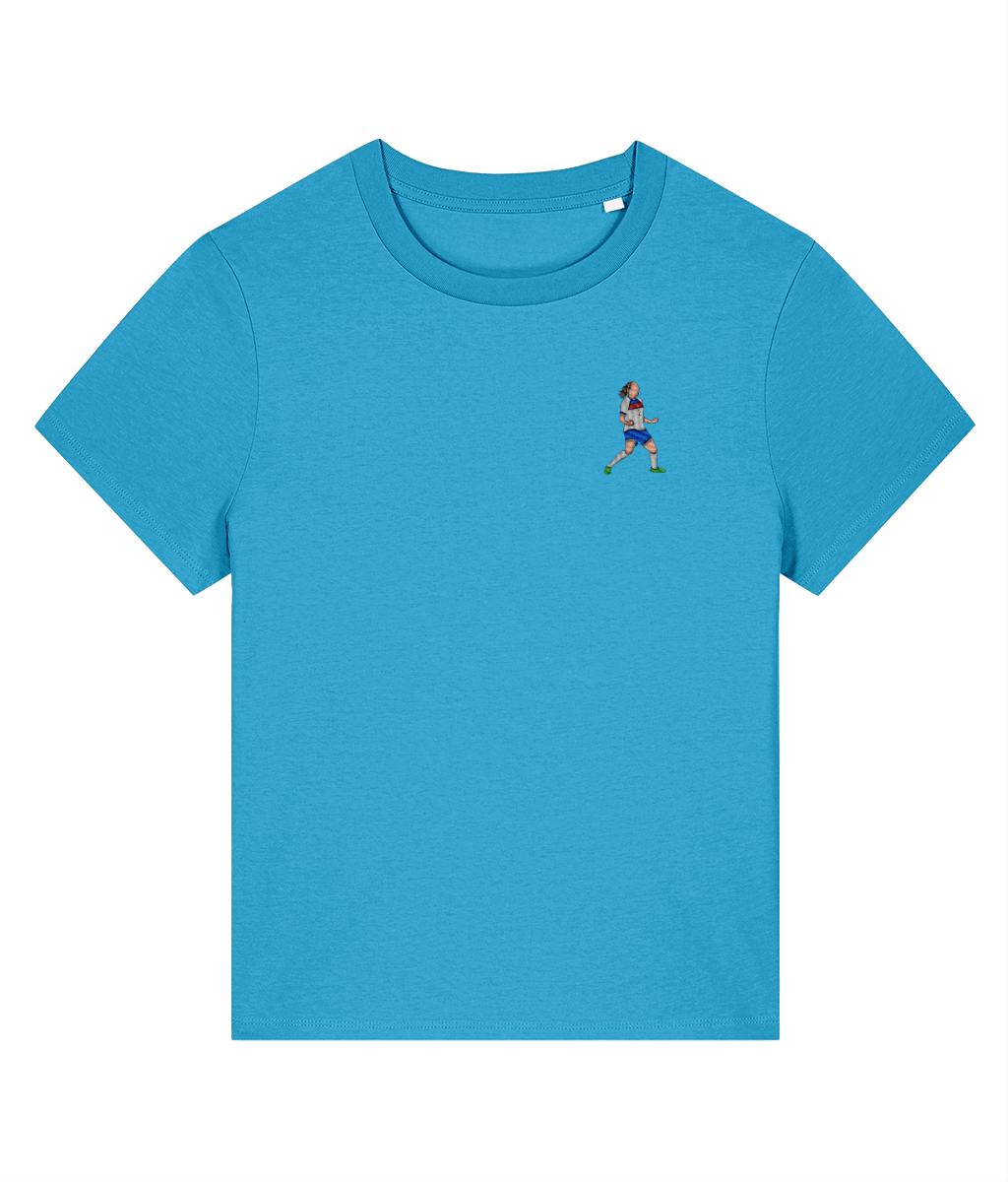 Ladies Lucy Bronze Celebration embroidered England Lionesses ladies fit t-shirt in Aqua Blue, Legends in Thread