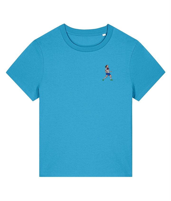 Ladies Lucy Bronze Celebration embroidered England Lionesses ladies fit t-shirt in Aqua Blue, Legends in Thread