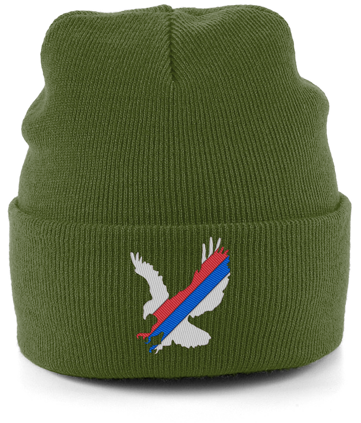 White Eagle Sash embroidered Crystal Palace beanie in Moss Green, Legends in Thread
