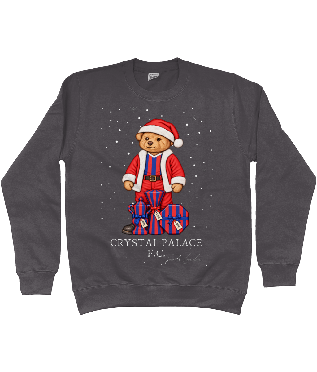 Selby the Bear at Christmas printed Crystal Palace sweatshirt in Storm Grey, Legends in Thread