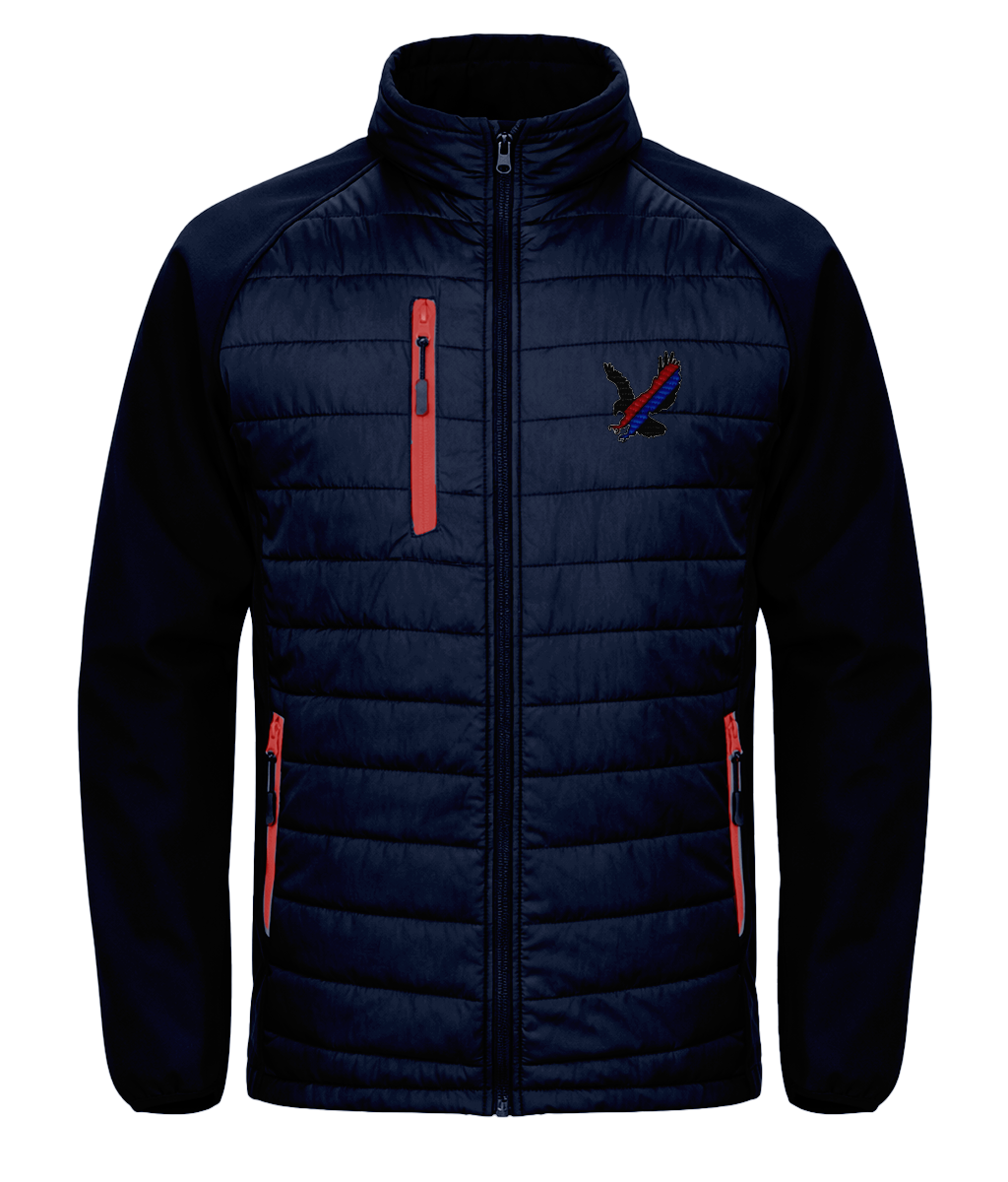 Red and Blue Sash Eagle embroidered Crystal Palace softshell padded jacket in Navy/Red, Legends in Thread