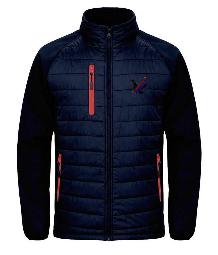 Red and Blue Sash Eagle embroidered Crystal Palace softshell padded jacket in Navy/Red, Legends in Thread