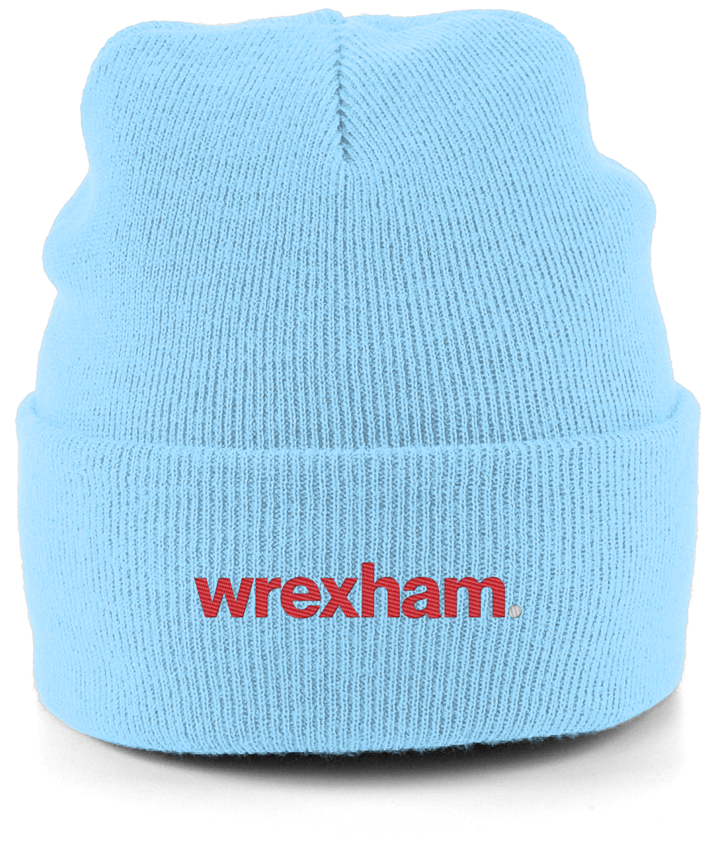 wrexham. embroidered Wrexham beanie in Sky, Legends in Thread