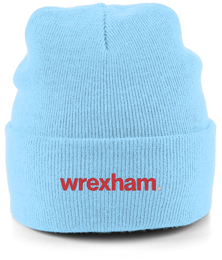 wrexham. embroidered Wrexham beanie in Sky, Legends in Thread