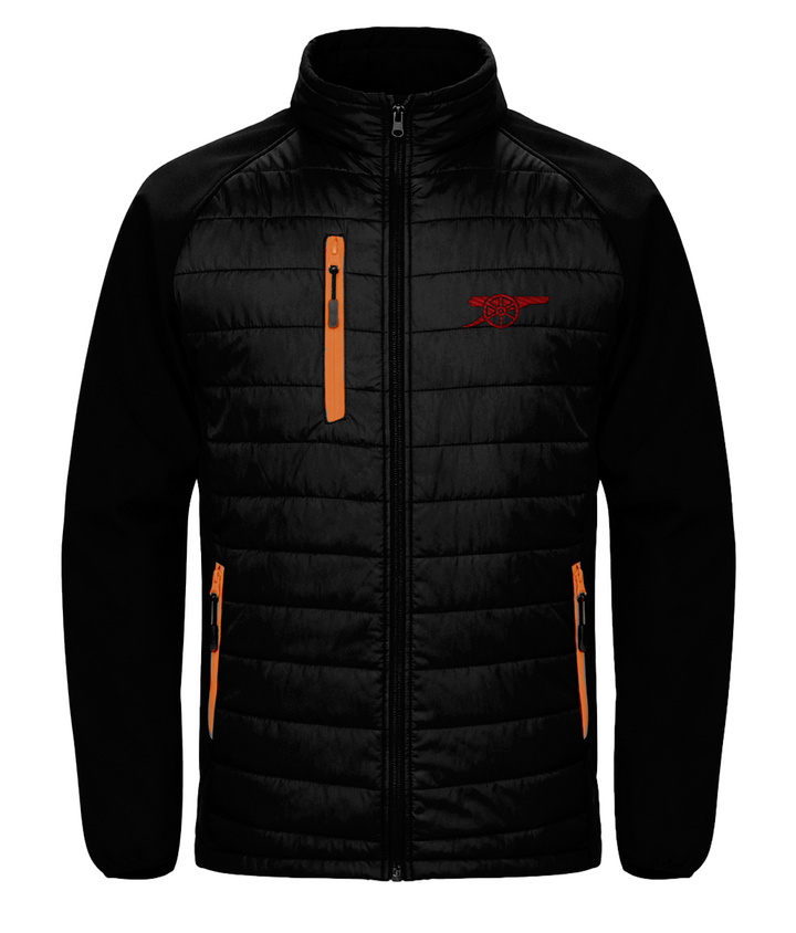 Arsenal Cannon embroidered Arsenal softshell padded jacket in Black/Orange, Legends in Thread