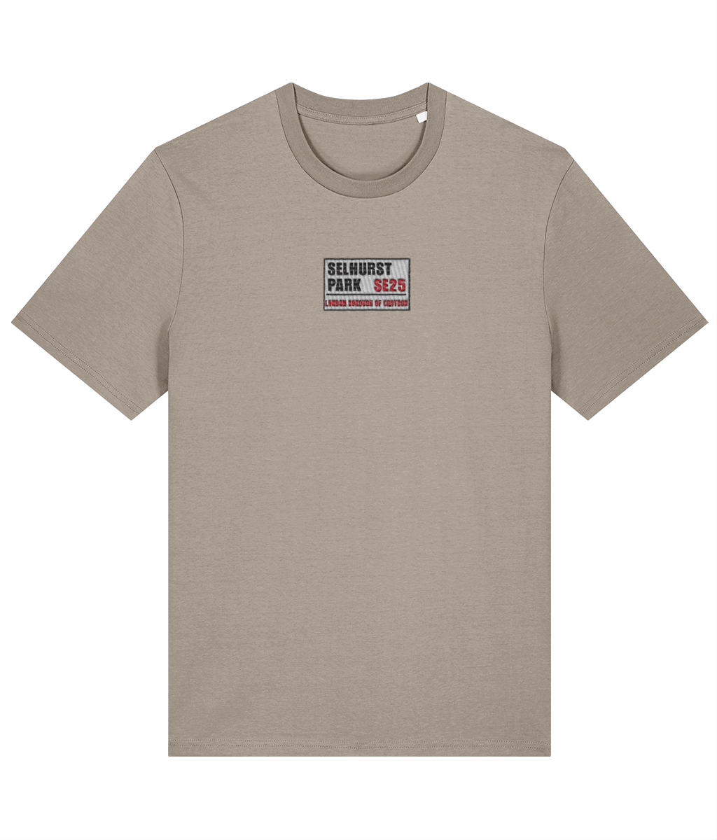 Selhurst Park SE25 Badge embroidered Crystal Palace cotton tee in Desert Dust, Legends in Thread