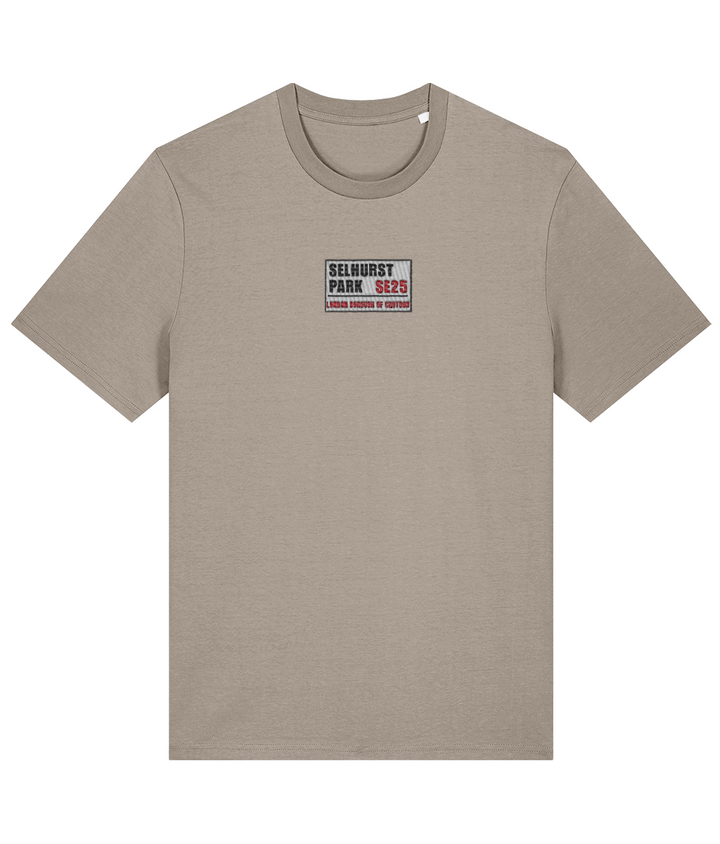 Selhurst Park SE25 Badge embroidered Crystal Palace cotton tee in Desert Dust, Legends in Thread