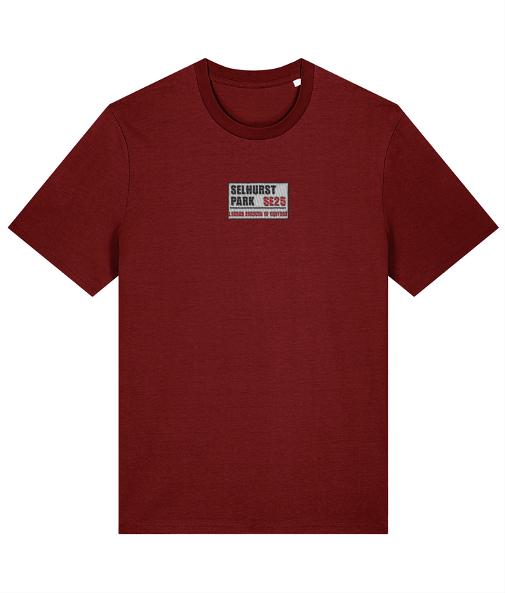 Selhurst Park SE25 Badge embroidered Crystal Palace cotton tee in Burgundy, Legends in Thread