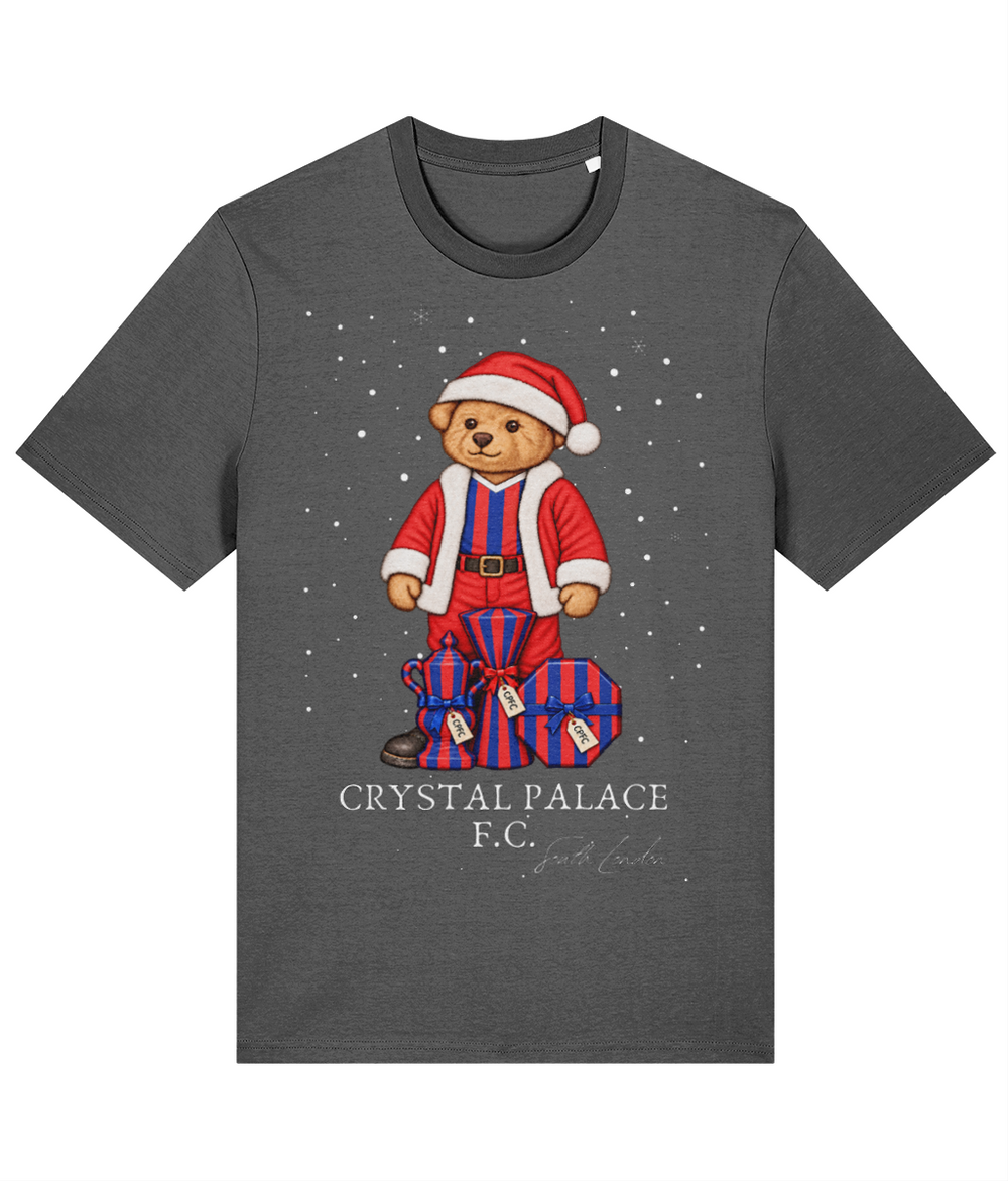 Selby the Bear at Christmas printed Crystal Palace cotton tee in Anthracite, Legends in Thread