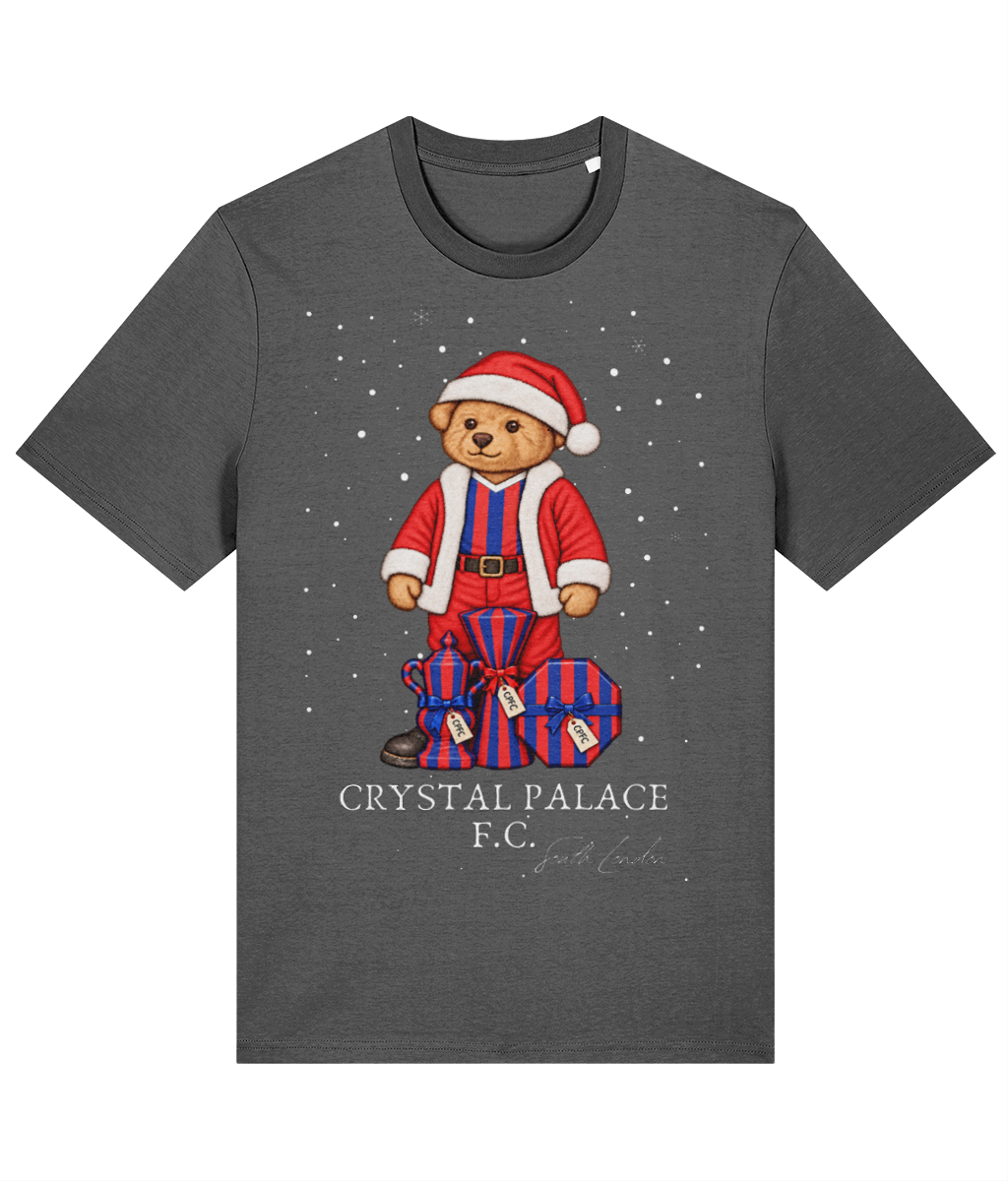 Selby the Bear at Christmas printed Crystal Palace cotton tee in Anthracite, Legends in Thread