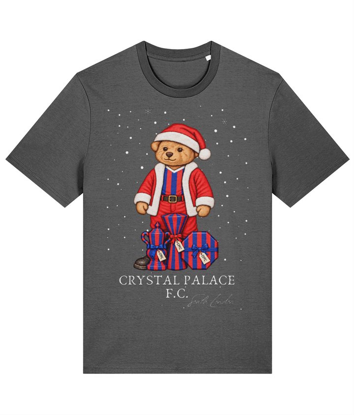 Selby the Bear at Christmas printed Crystal Palace cotton tee in Anthracite, Legends in Thread