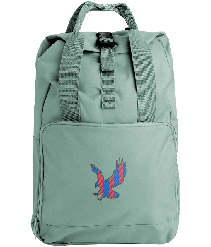 Red and Blue Striped Eagle embroidered Crystal Palace roll-top backpack in Sage Green, Legends in Thread