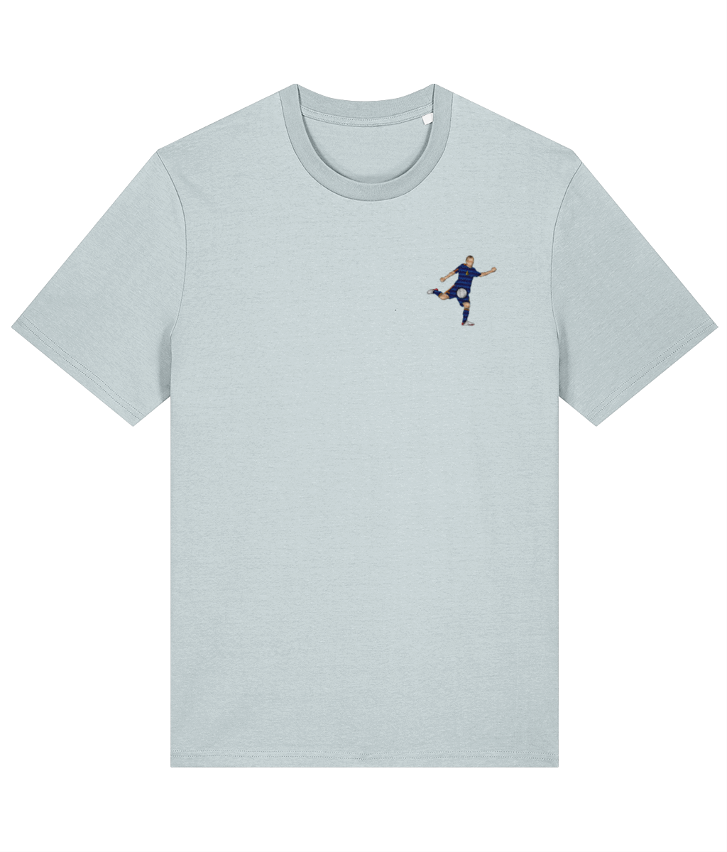 Iniesta World Cup Goal embroidered Spain cotton tee in Blue Ice, Legends in Thread