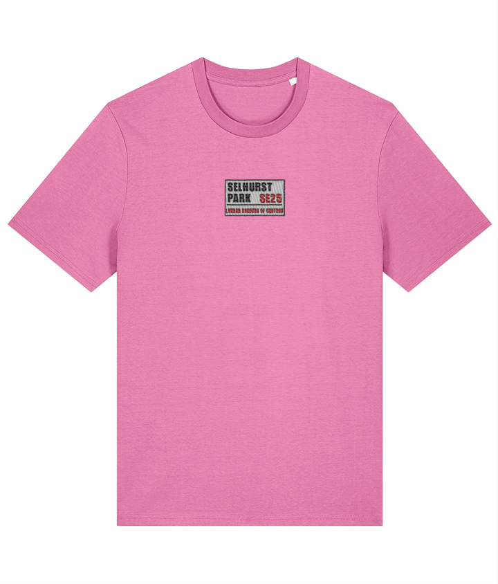 Selhurst Park SE25 Badge embroidered Crystal Palace cotton tee in Bubble Pink, Legends in Thread