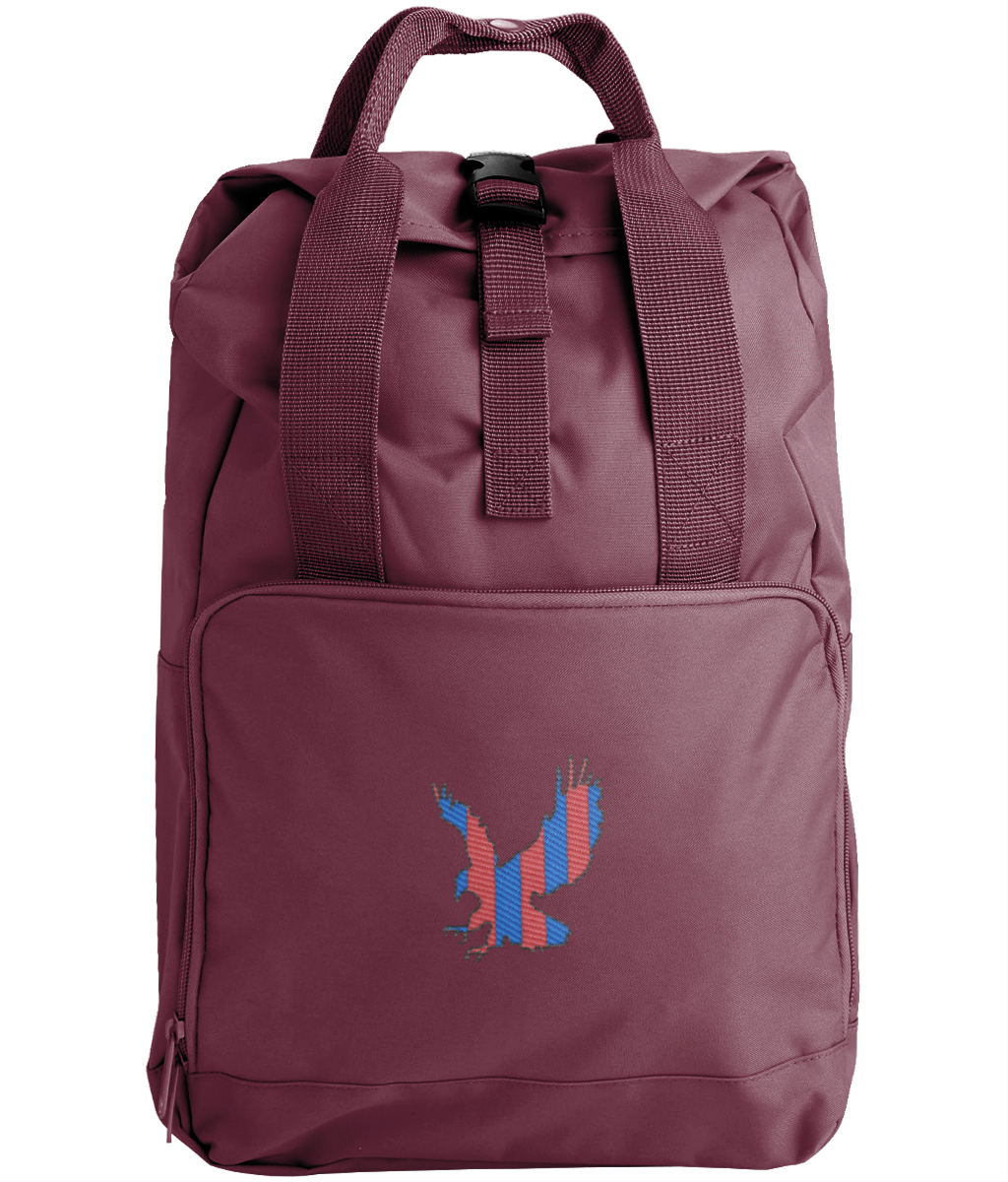 Red and Blue Striped Eagle embroidered Crystal Palace roll-top backpack in Burgundy, Legends in Thread
