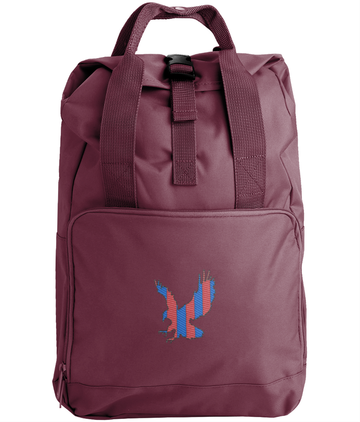 Red and Blue Striped Eagle embroidered Crystal Palace roll-top backpack in Burgundy, Legends in Thread