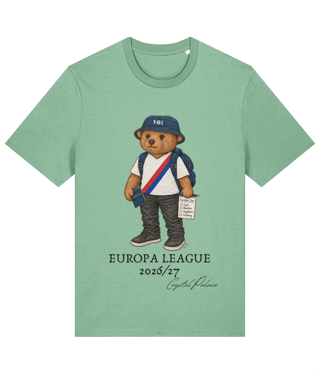 Selby the Bear Europa Tour printed Crystal Palace cotton tee in Misty Jade, Legends in Thread