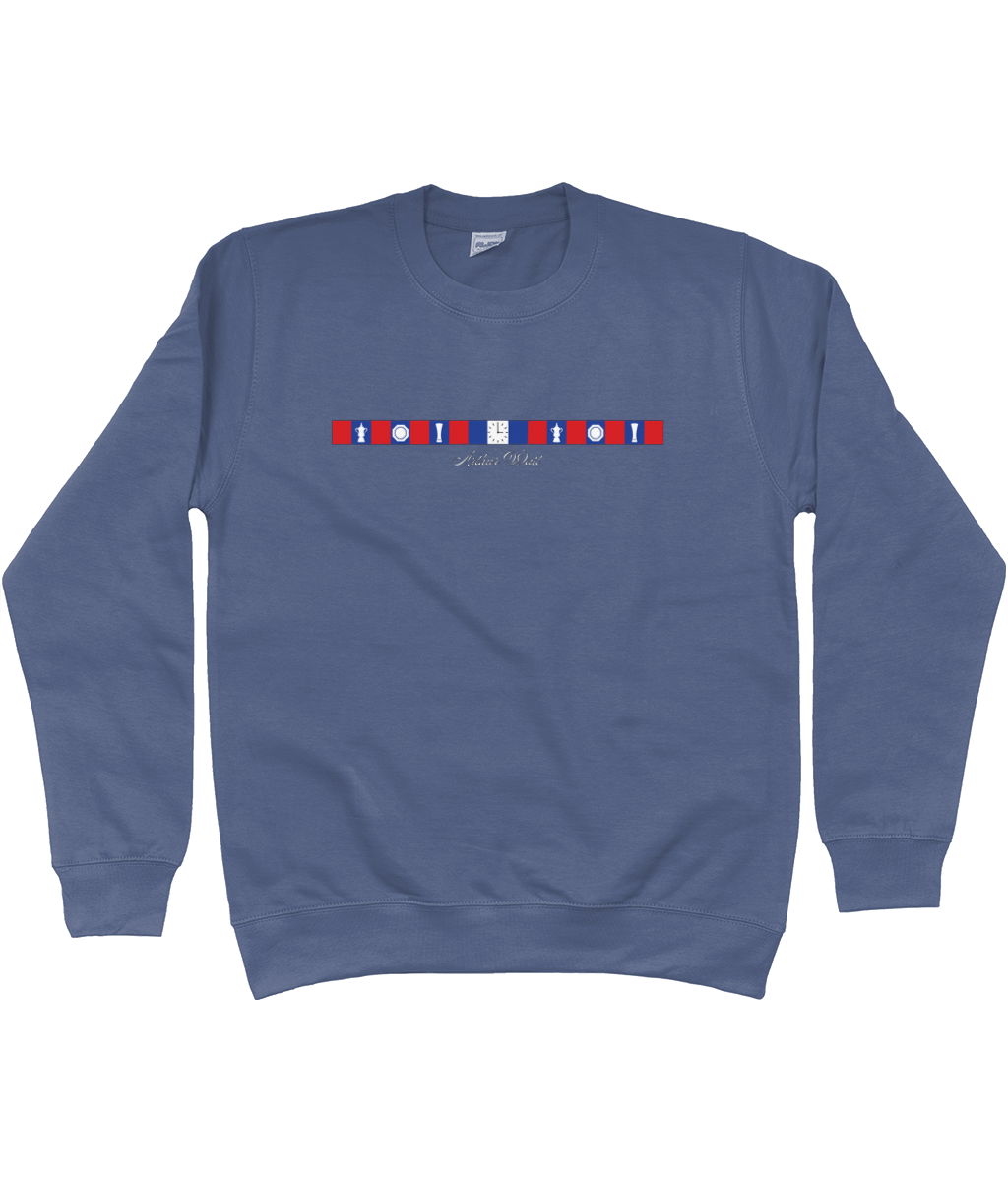 Arthur Wait Fascia Inspired printed Crystal Palace sweatshirt in Airforce Blue, Legends in Thread