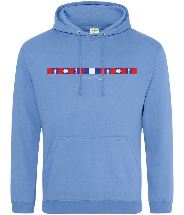 Arthur Wait Fascia Inspired printed Crystal Palace hoodie in Cornflower Blue, Legends in Thread