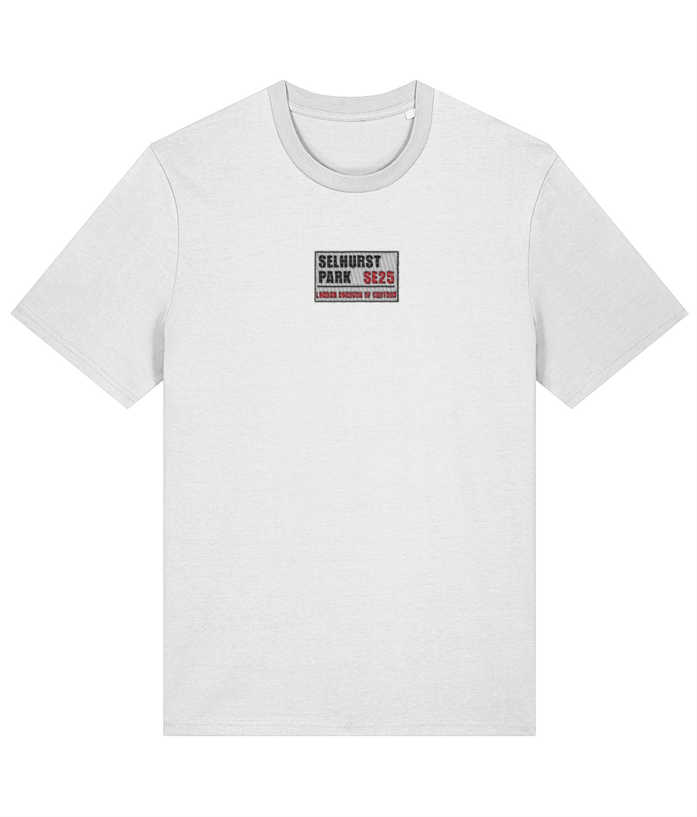 Selhurst Park SE25 Badge embroidered Crystal Palace cotton tee in White, Legends in Thread