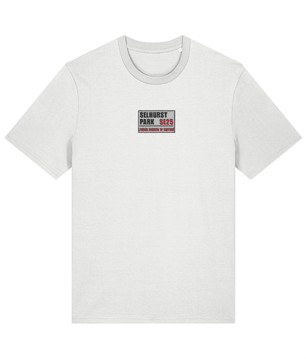 Selhurst Park SE25 Badge embroidered Crystal Palace cotton tee in White, Legends in Thread