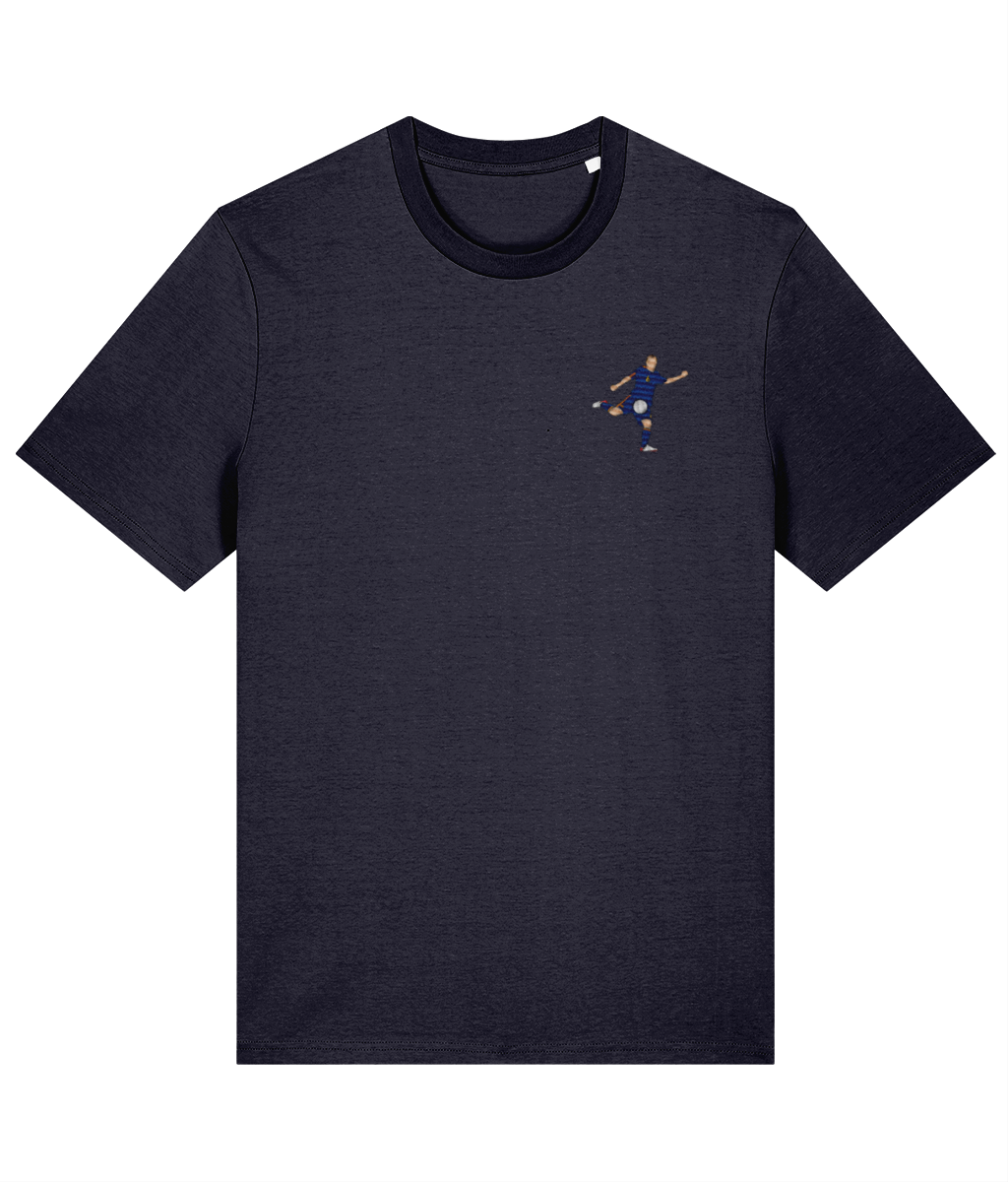 Iniesta World Cup Goal embroidered Spain cotton tee in French Navy, Legends in Thread