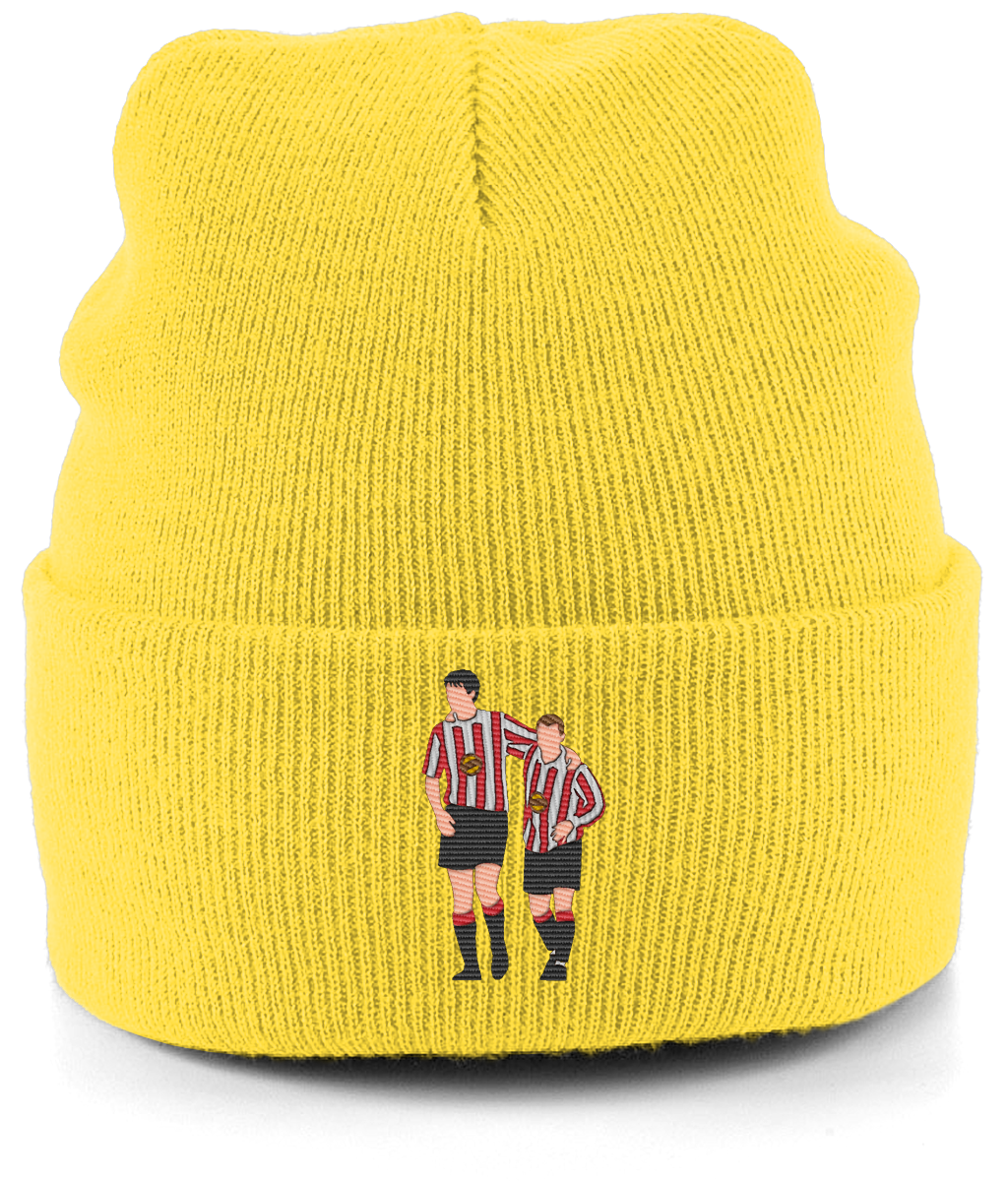 Niall Quinn and Kevin Phillips embroidered Sunderland beanie in Yellow, Legends in Thread