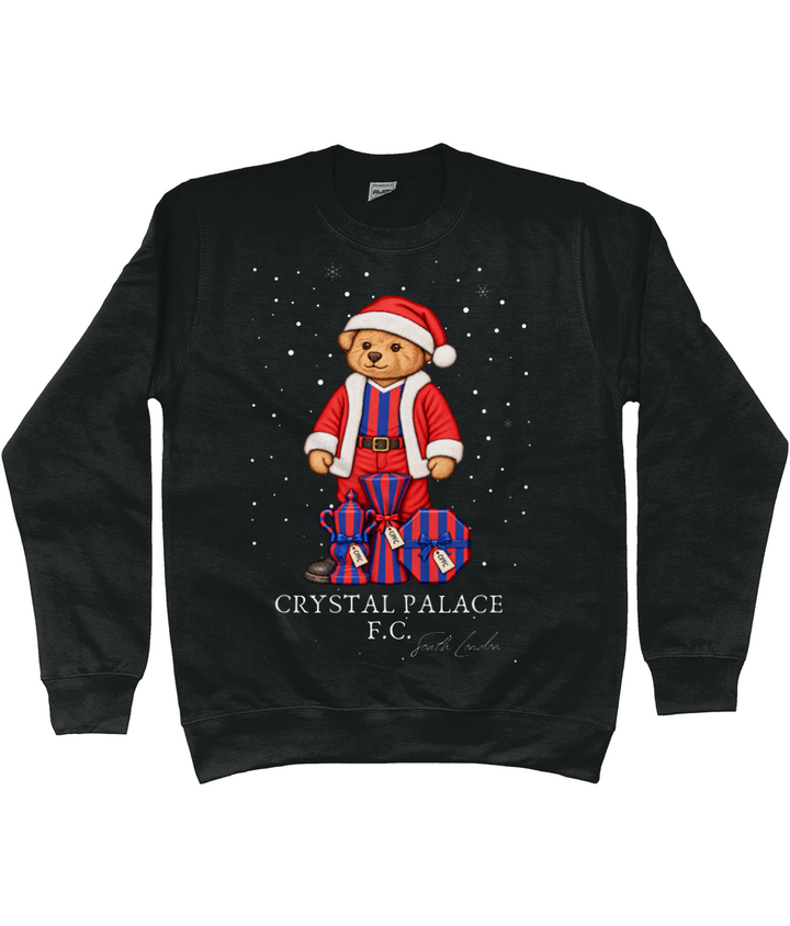 Selby the Bear at Christmas printed Crystal Palace sweatshirt in Jet Black, Legends in Thread