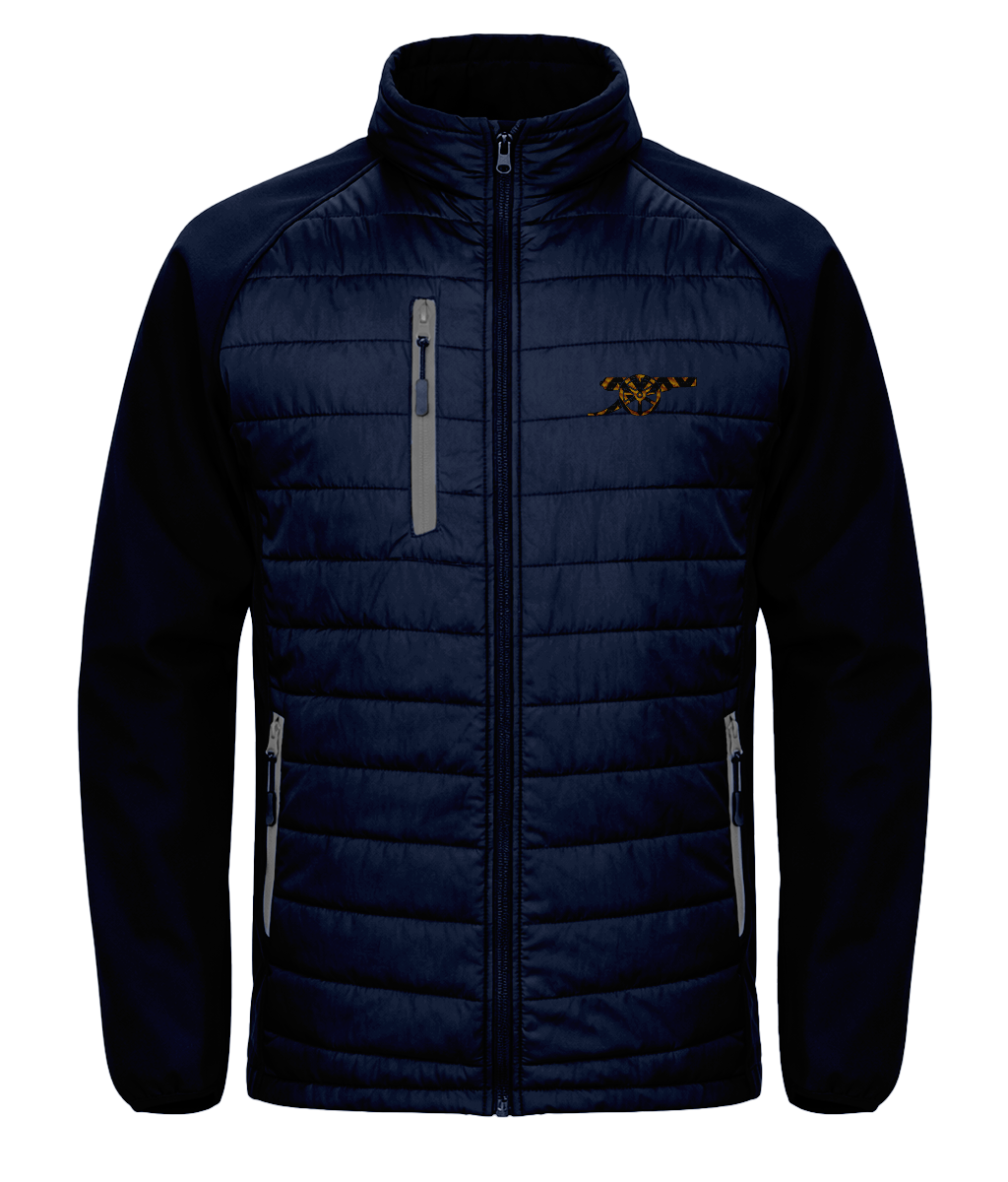Bruised Banana embroidered Arsenal softshell padded jacket in Navy/Grey, Legends in Thread