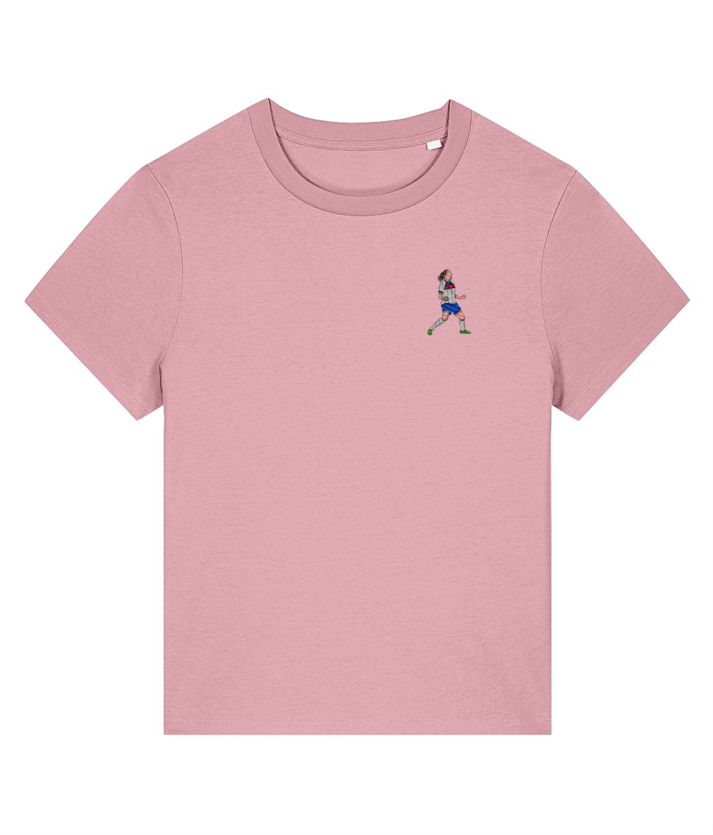 Ladies Lucy Bronze Celebration embroidered England Lionesses ladies fit t-shirt in Cotton Pink, Legends in Thread