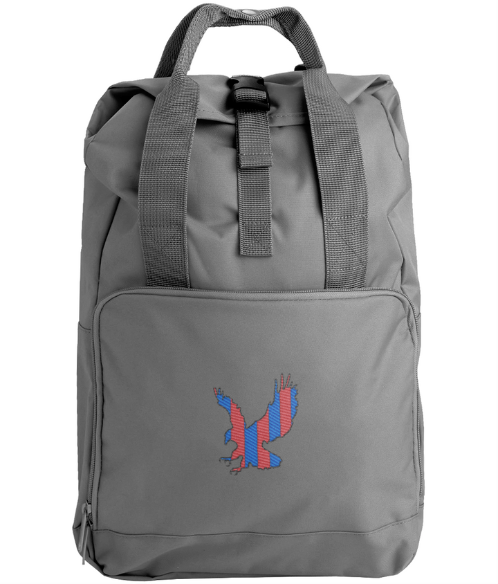 Red and Blue Striped Eagle embroidered Crystal Palace roll-top backpack in Graphite Grey, Legends in Thread