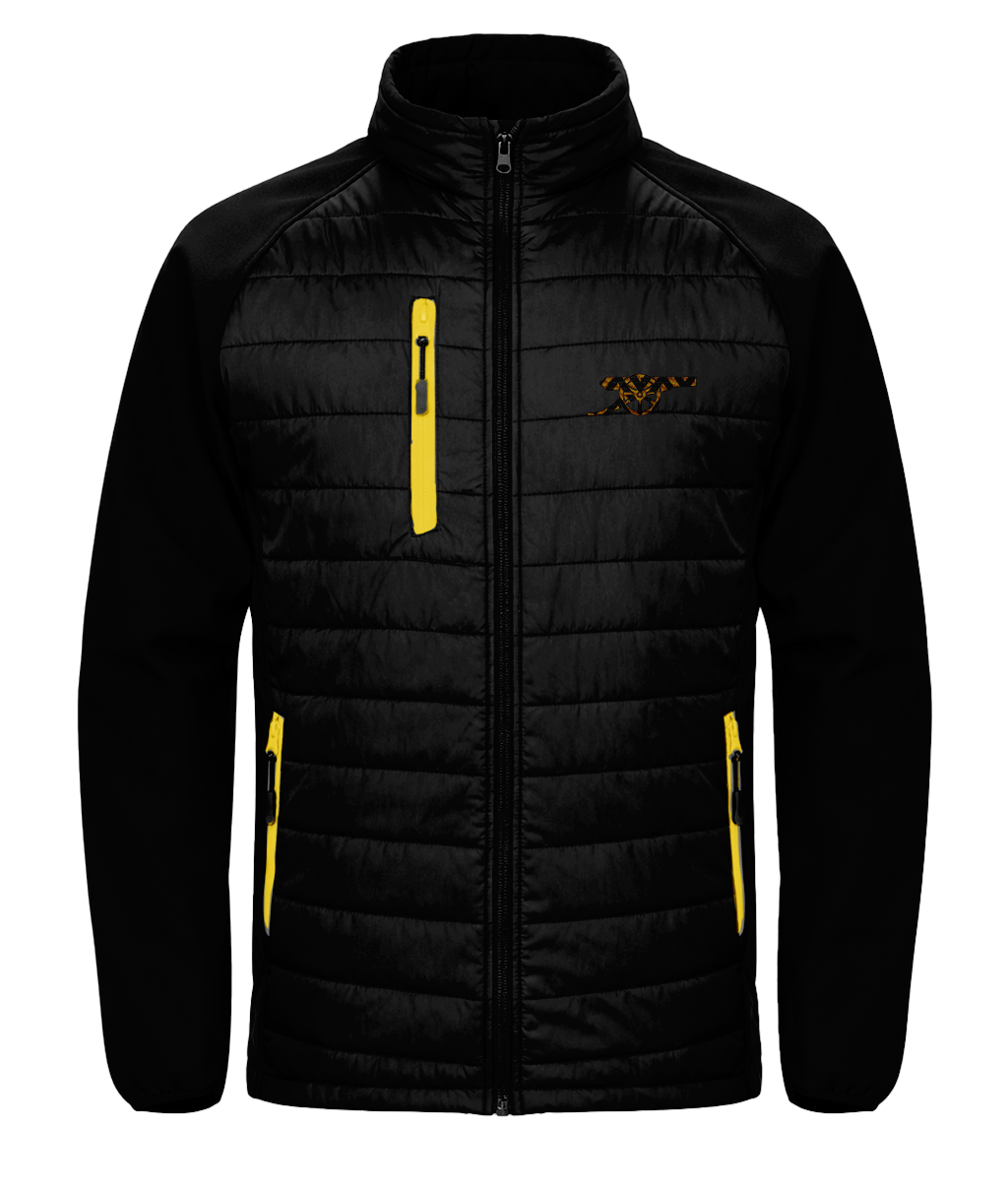 Bruised Banana embroidered Arsenal softshell padded jacket in Black/Yellow, Legends in Thread