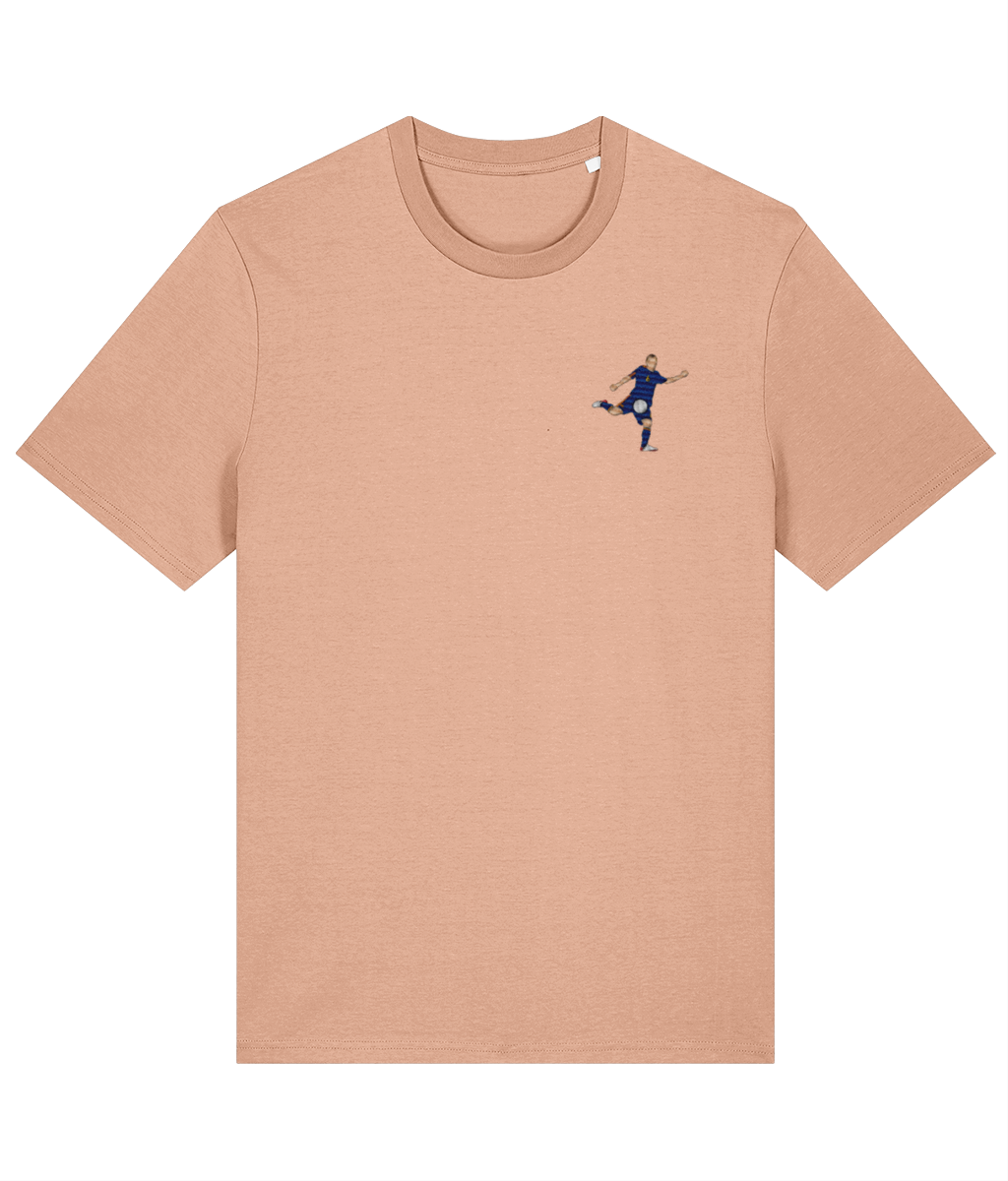 Iniesta World Cup Goal embroidered Spain cotton tee in Fraiche Peche, Legends in Thread