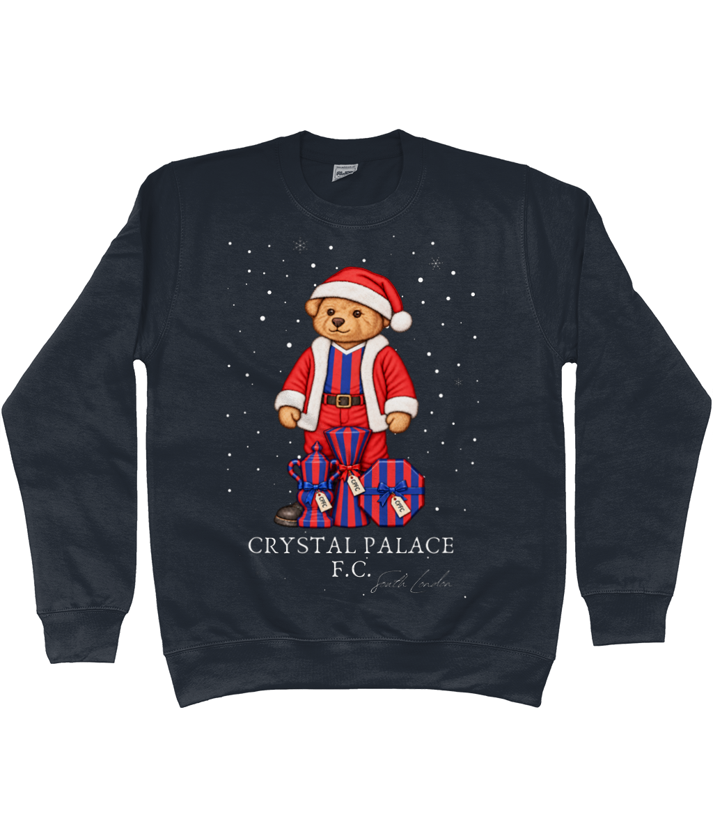 Selby the Bear at Christmas printed Crystal Palace sweatshirt in New French Navy, Legends in Thread