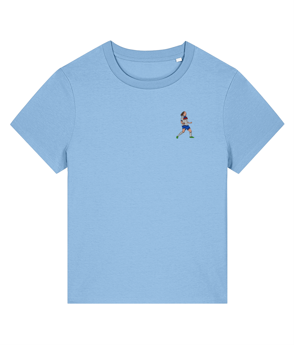 Ladies Lucy Bronze Celebration embroidered England Lionesses ladies fit t-shirt in Blue Soul, Legends in Thread