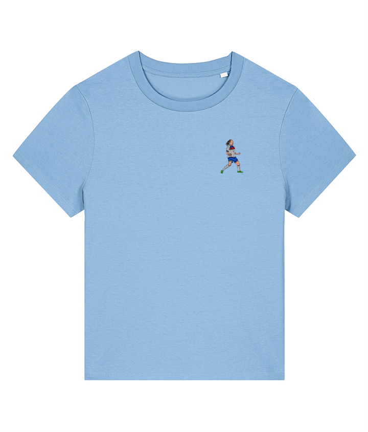 Ladies Lucy Bronze Celebration embroidered England Lionesses ladies fit t-shirt in Blue Soul, Legends in Thread