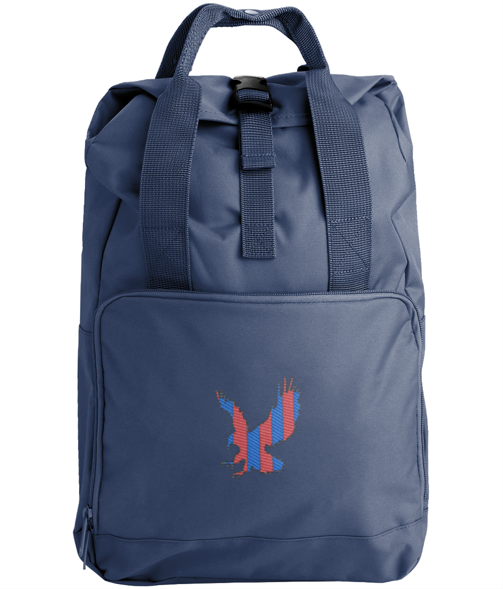 Red and Blue Striped Eagle embroidered Crystal Palace roll-top backpack in Navy Dusk, Legends in Thread
