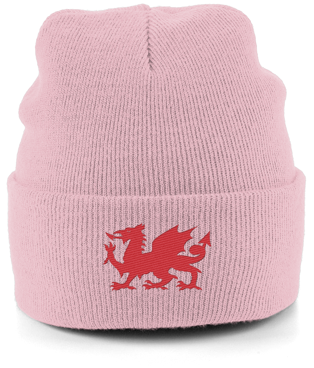 Wrexham Welsh Dragon embroidered Wrexham beanie in Dusty Pink, Legends in Thread