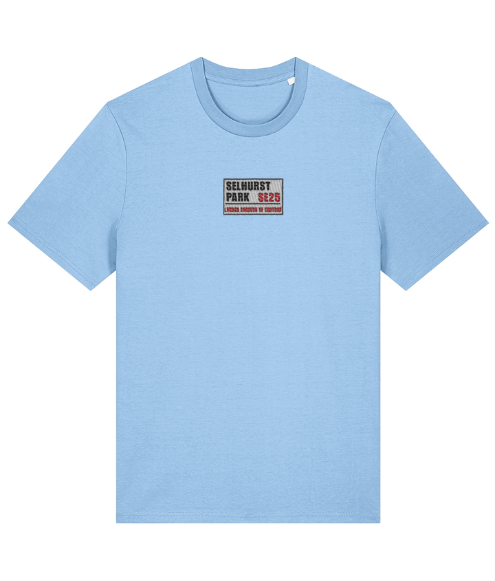 Selhurst Park SE25 Badge embroidered Crystal Palace cotton tee in Blue Soul, Legends in Thread