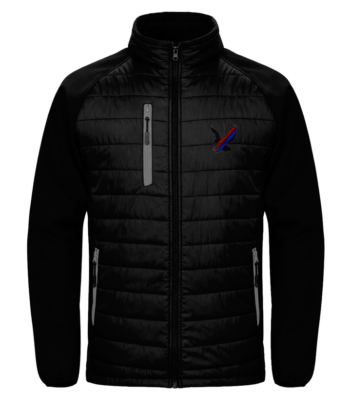 Red and Blue Sash Eagle embroidered Crystal Palace softshell padded jacket in Black/Grey, Legends in Thread