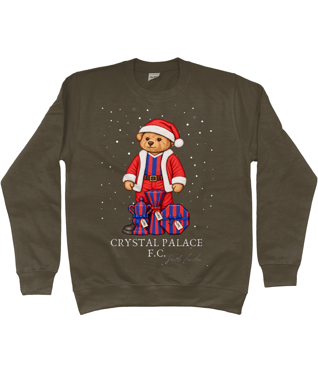 Selby the Bear at Christmas printed Crystal Palace sweatshirt in Olive Green, Legends in Thread