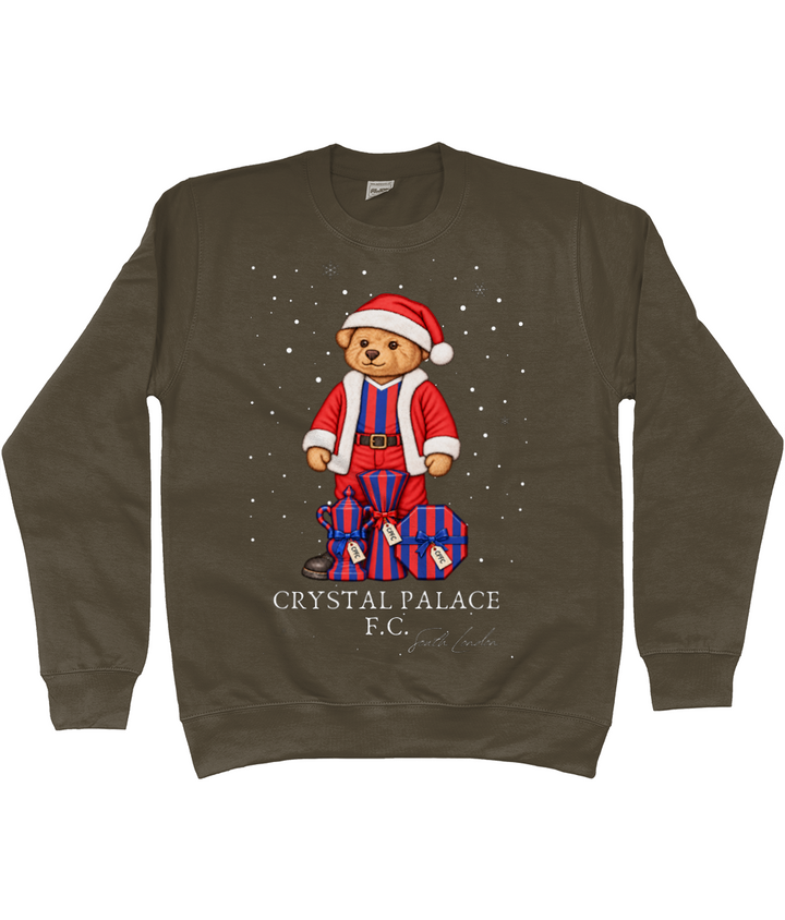 Selby the Bear at Christmas printed Crystal Palace sweatshirt in Olive Green, Legends in Thread