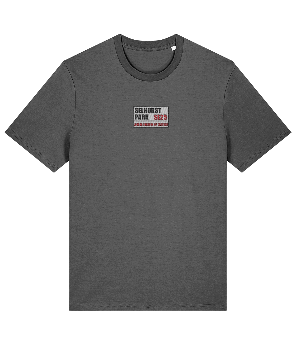 Selhurst Park SE25 Badge embroidered Crystal Palace cotton tee in Anthracite, Legends in Thread