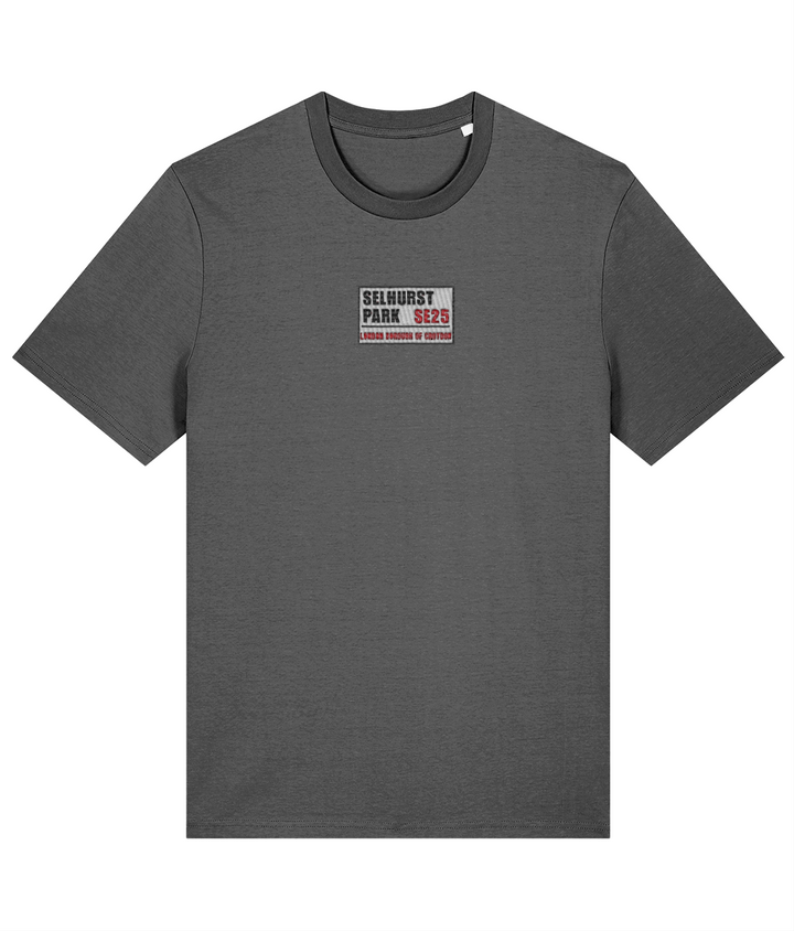 Selhurst Park SE25 Badge embroidered Crystal Palace cotton tee in Anthracite, Legends in Thread